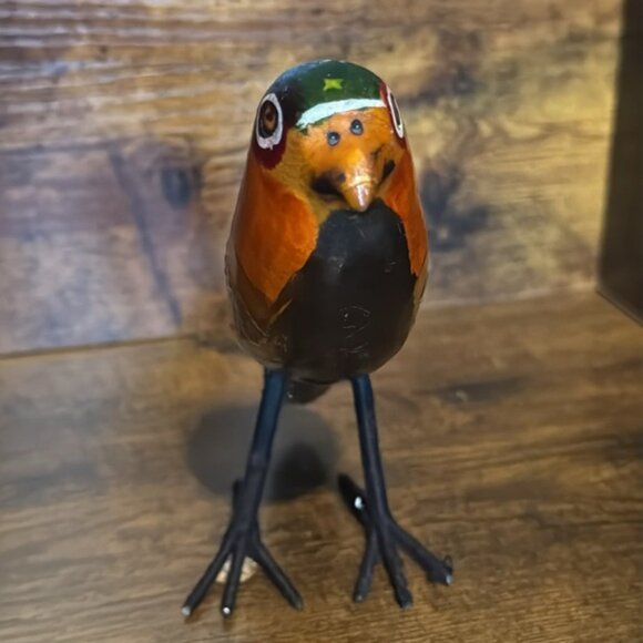 Carved Wood Bird Sculpture Folk Art Painted Bird on Metal Yarn Covered Legs 7” - Picture 4 of 11